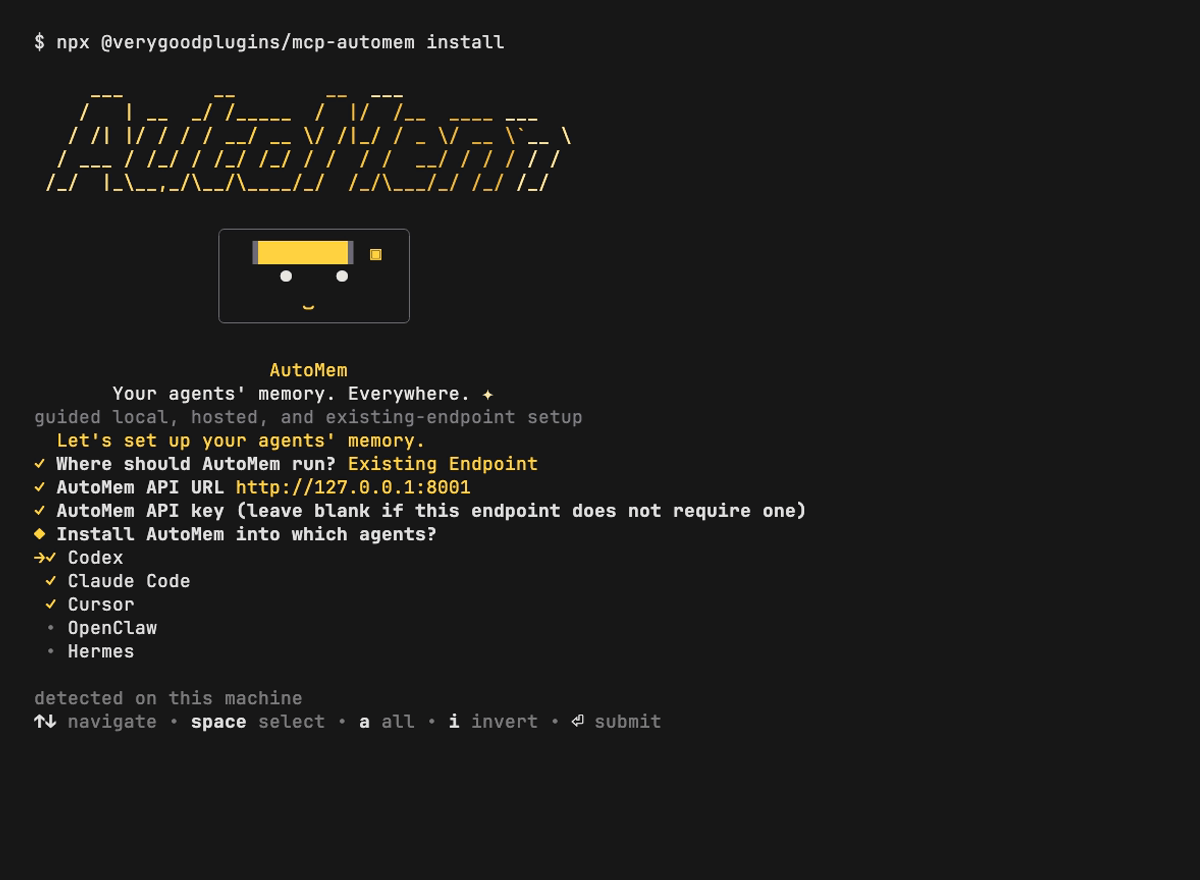 The AutoMem installer's agent picker — Codex, Claude Code, and Cursor detected and checked, with OpenClaw and Hermes available to add